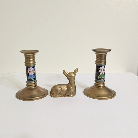 Pier 1 Blue Floral Cloisonné and Brass Candle Holders, Set of 2+Bonus - Picture 2 of 3